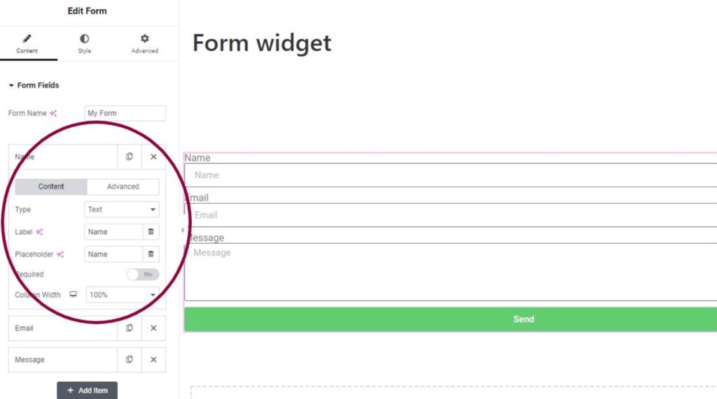 Form widget editor on WordPress (Source: https://elementor.com/help/form-widget/#settings)