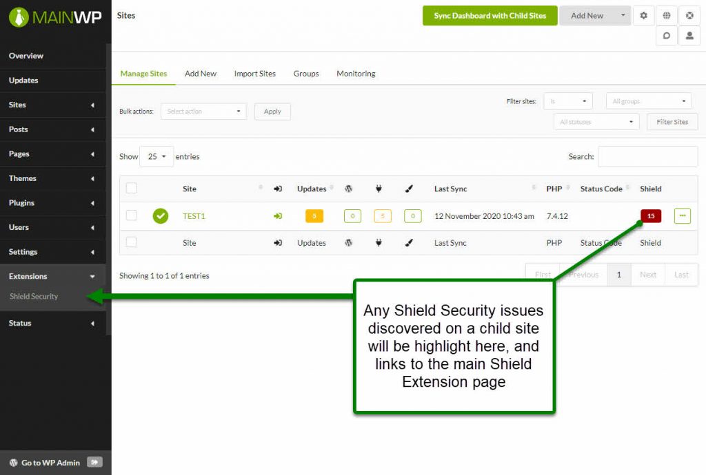 Screenshot: Shield Security Extension for MainWP sites listing