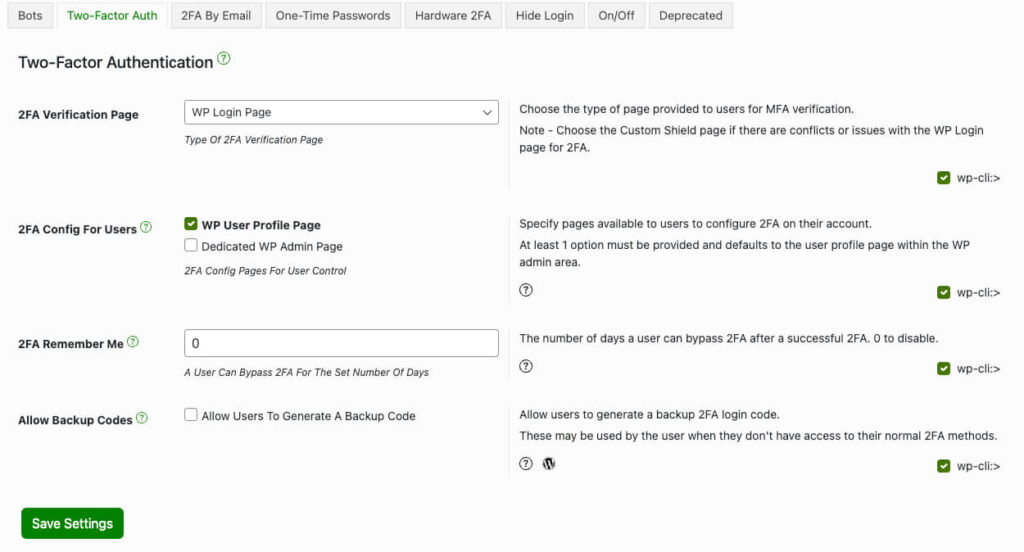 Shield Security PRO 2FA settings