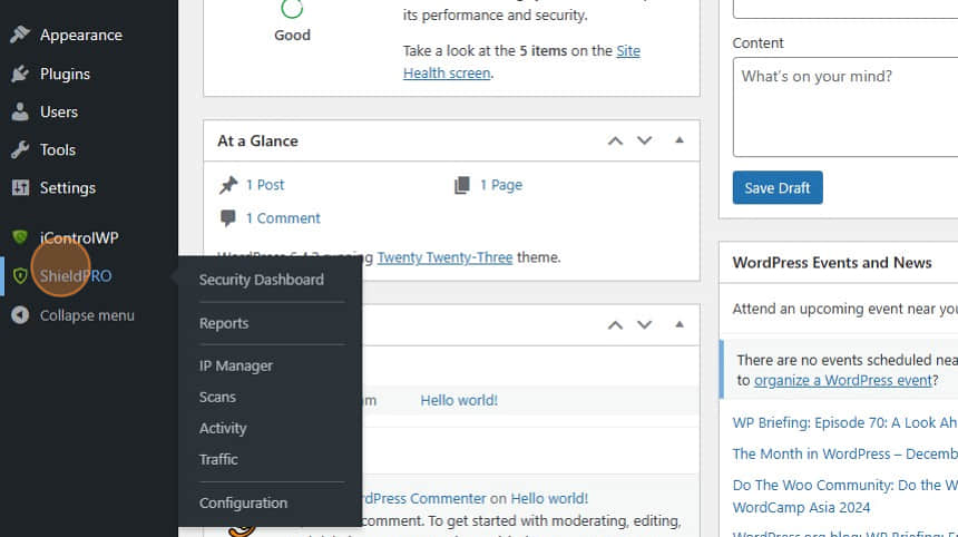 ShieldPRO button in WordPress