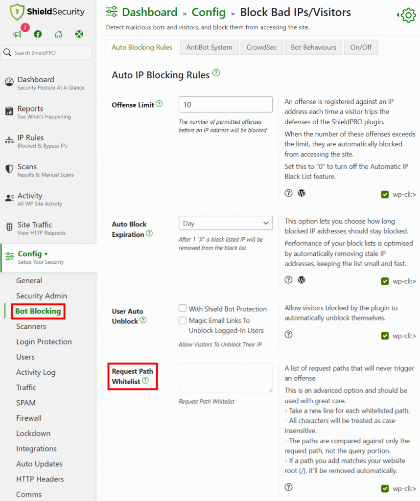 Whitelisting IP addresses using Shield Security PRO.