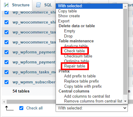 Checking and repairing database tables via phpMyadmin.