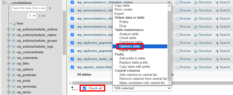 Defragmenting (optimising) the WordPress database table via phpMyAdmin.