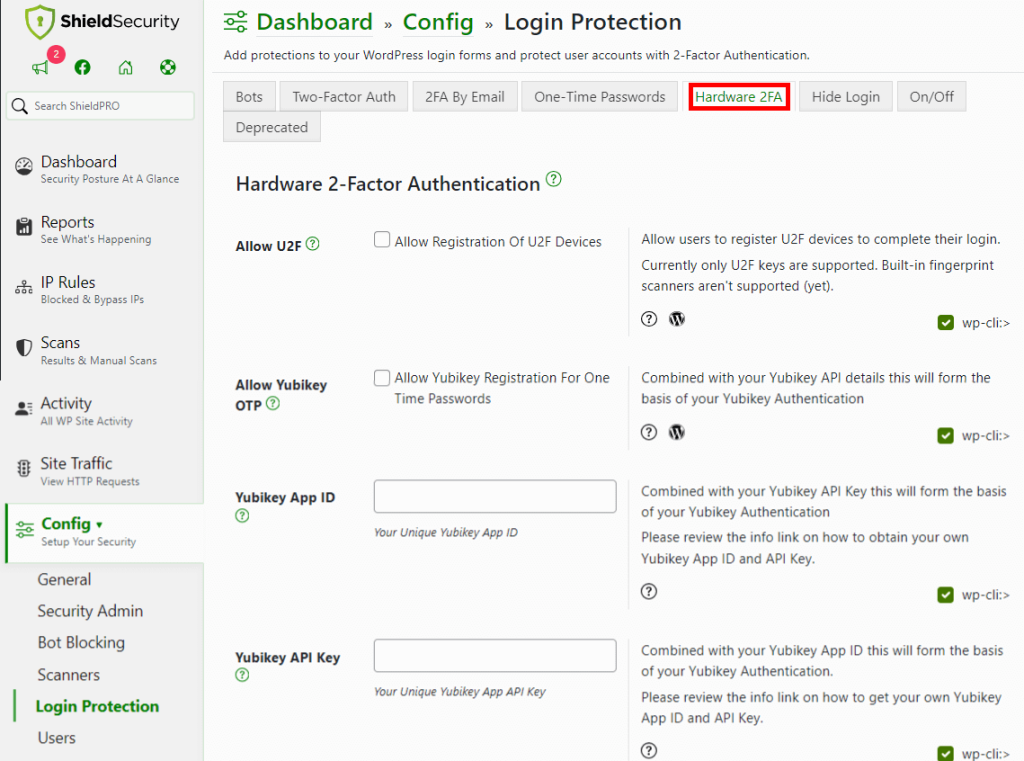 Setting up hardware 2FA using Shield Security PRO.