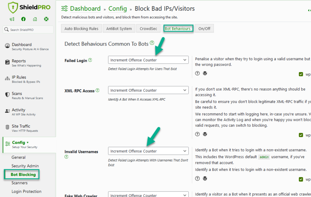 Login Bots: Failed Login and Invalid Usernames options