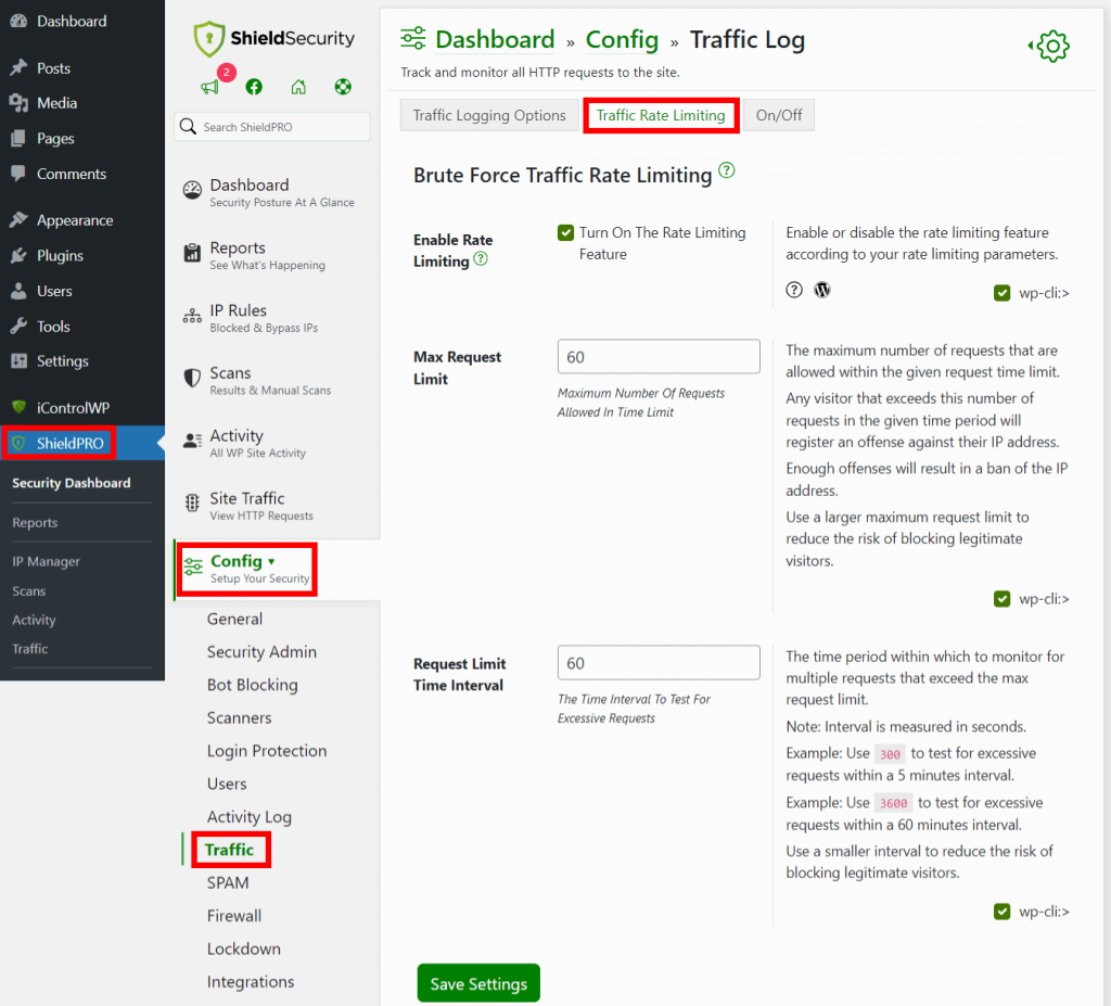 Rate limiting using Shield Security PRO.