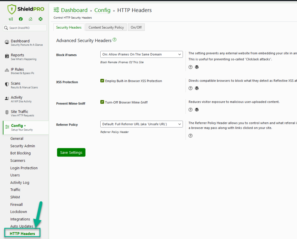 Shield HTTP Security Headers Settings