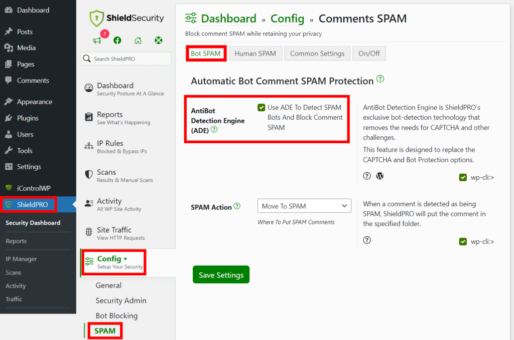 Enabling the AntiBot Detection Engine (ADE) in Shield Security PRO.