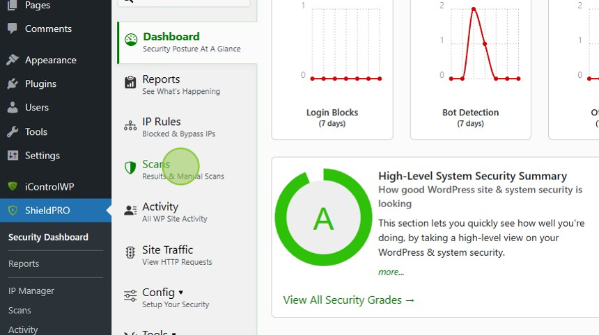 Run scans in the ShieldPRO section of WordPress.