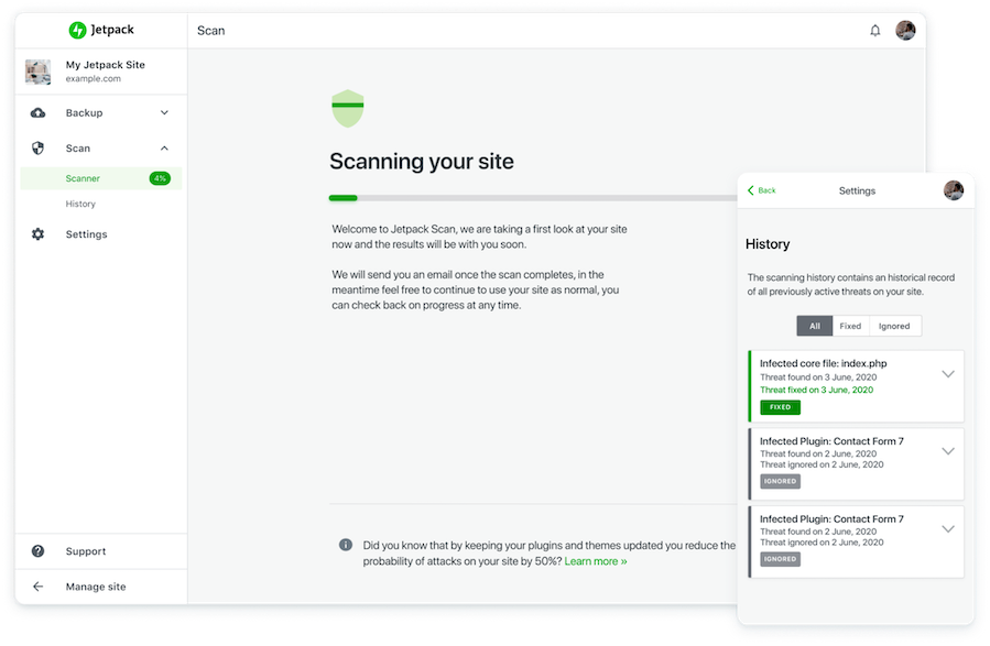 Jetpack security site scanning. Source: Jetpack. 