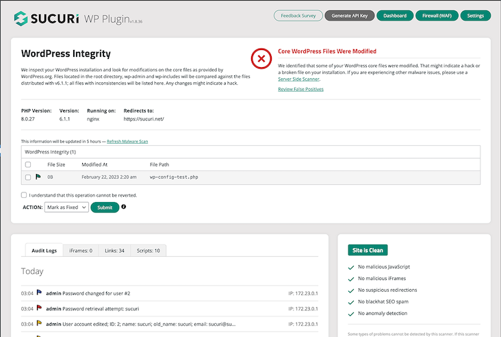 Sucuri plugin dashboard. Source: Sucuri. 