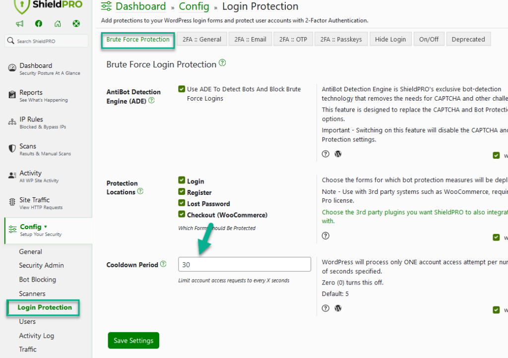 WordPress Shield Security Brute Force Protection
Option: Login Cooldown